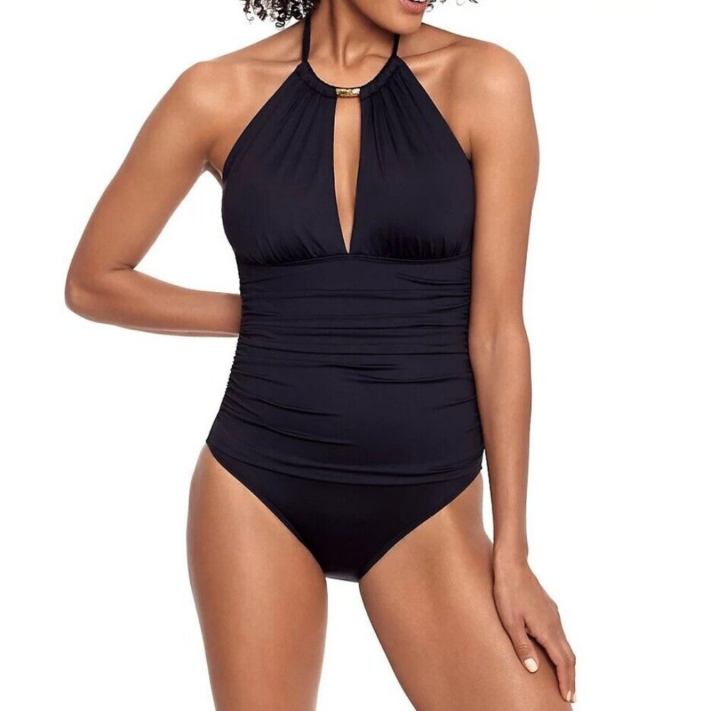NWT! Ralph Lauren Black Bach Club Solids High Neck One Piece Swimsuit NEW!